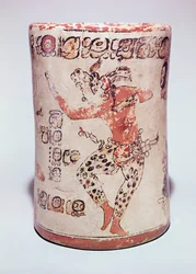 Jar depicting a man dancing wearing jaguar paraphernalia, found in a tomb at Altar de Sacrificios, Classic Maya